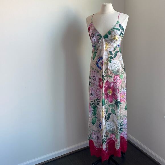 MARI M Satin Maxi Slip Dress Womens Sz Large Pink Floral Print Lace Romantic - Picture 1 of 9